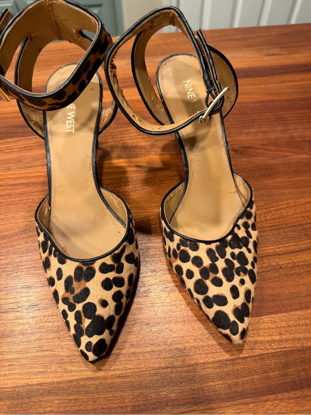 Nine West Leopard Print Pointed Toe Ankle Strap Heels - Black/Tan - Size